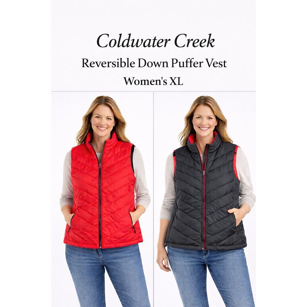 Black Red Reversible Down Puffer Vest Women’s Quilted Warm XL Coldwater Creek